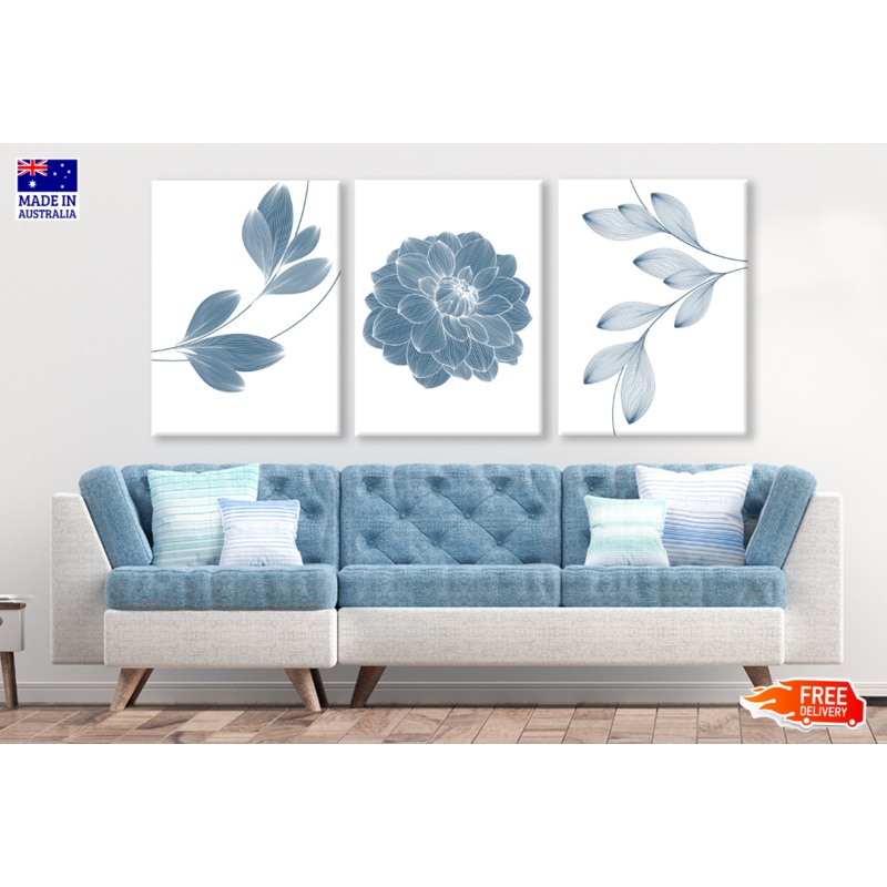 3 Set of Blue Dahlia Floral Art High Quality print 100% Australian made wall Canvas ready to hang