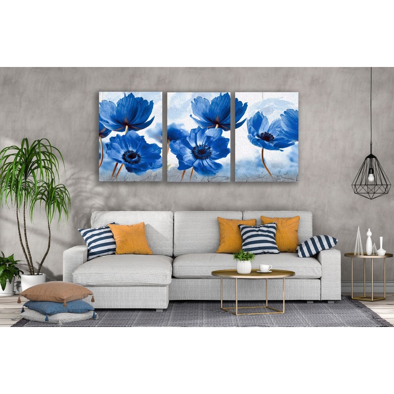 3 Set of Blue Floral Painting High Quality Print 100% Australian Made Wall Canvas Ready to Hang