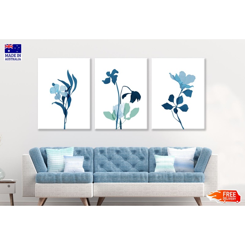 3 Set of Blue Flowers Vector Art High Quality Print 100% Australian Made Wall Canvas Ready to Hang