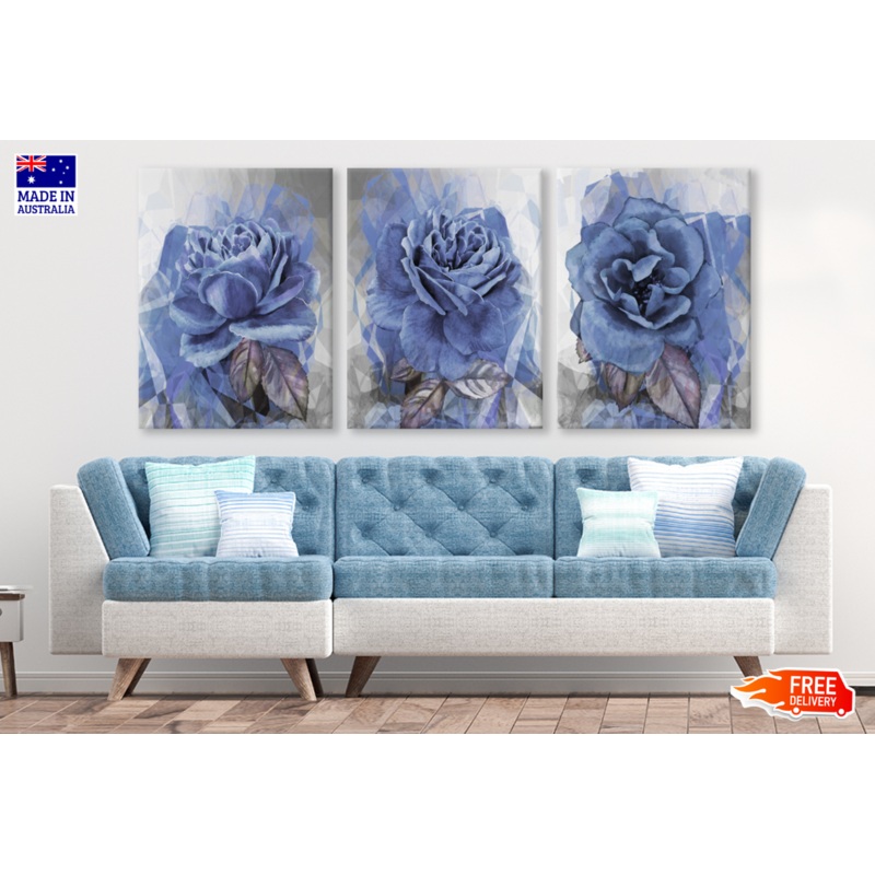 3 Set of Blue Rose Flowers Art High Quality print 100% Australian made wall Canvas ready to hang