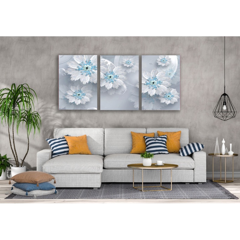 3 Set of Blue & White 3D Floral Design High Quality Print 100% Australian Made Wall Canvas Ready to Hang