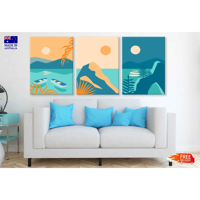 3 Set of Boat near Mountain Vector Illustration High Quality Print 100% Australian Made Wall Canvas Ready to Hang