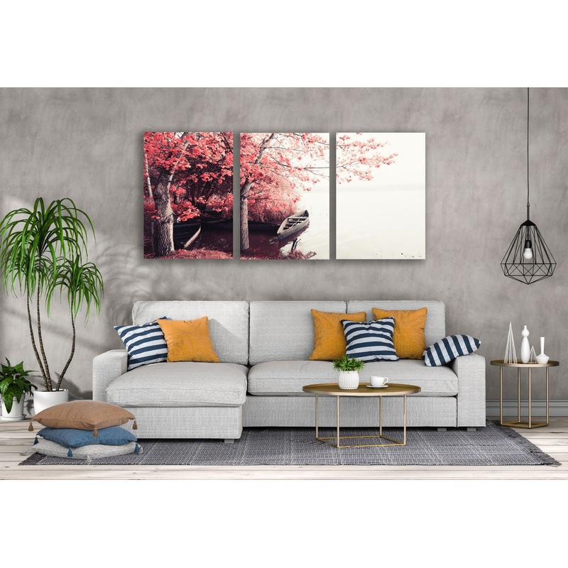 3 Set of Boat on Lake Near Pink Forest Photograph High Quality Print 100% Australian Made Wall Canvas Ready to Hang