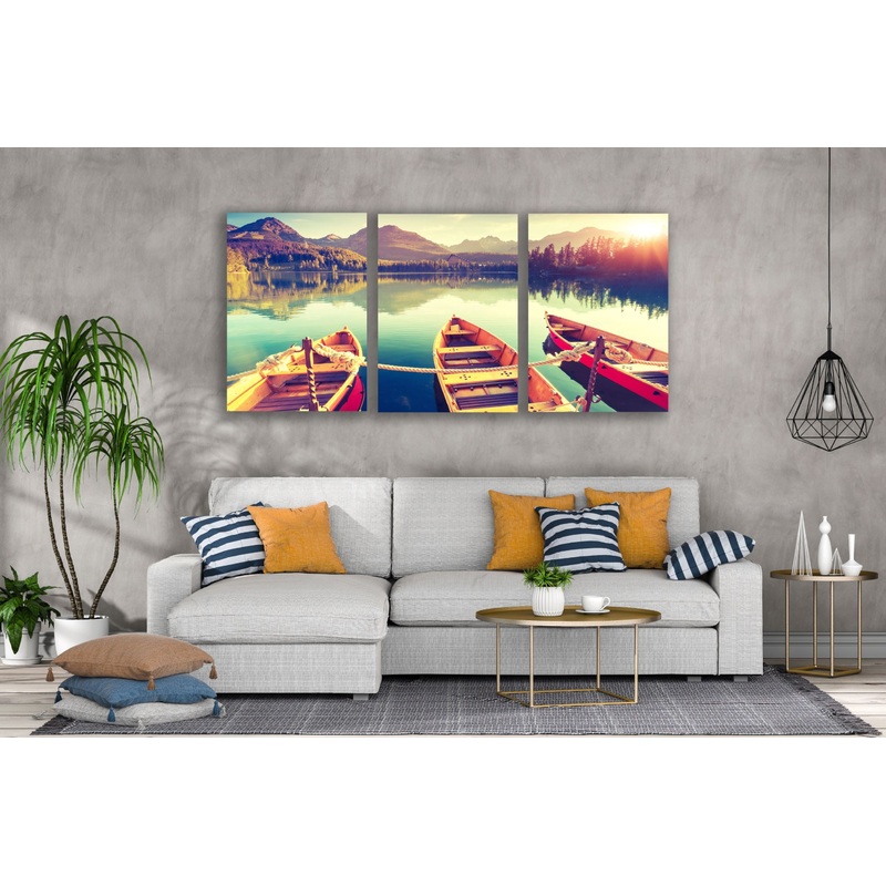 3 Set of Boats on Lake & Forest View Photograph High Quality Print 100% Australian Made Wall Canvas Ready to Hang
