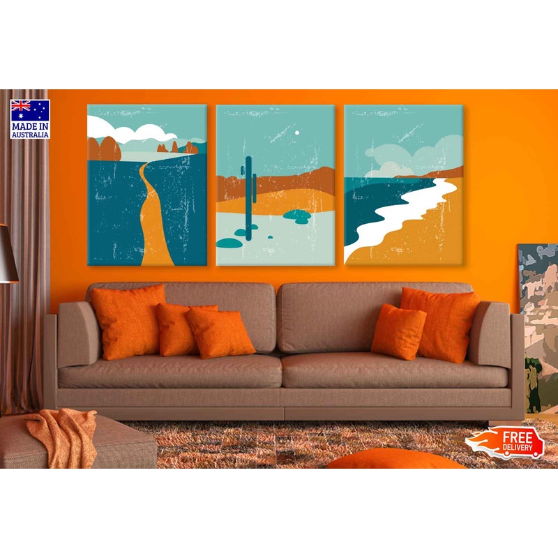 3 Set of Desert Field Vector Illustration High Quality Print 100% Australian Made Wall Canvas Ready to Hang