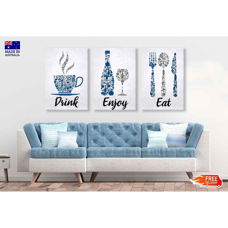 3 Set of Drink Eat Enjoy Vector Art High Quality Print 100% Australian Made Wall Canvas Ready to Hang