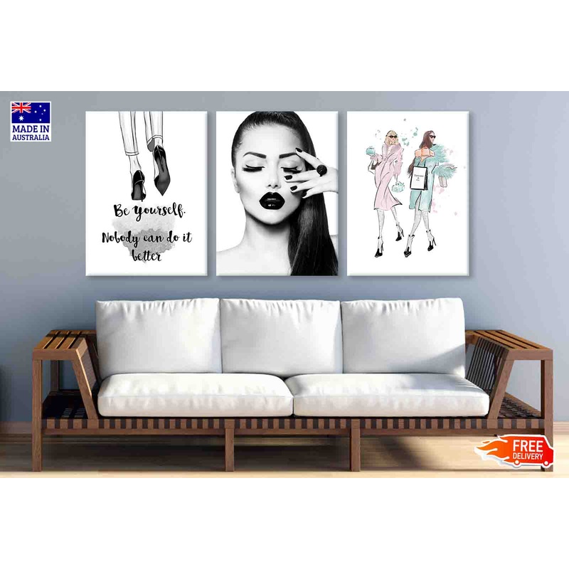 3 Set of Fashion Girls & Quote Vector Illustration High Quality Print 100% Australian Made Wall Canvas Ready to Hang