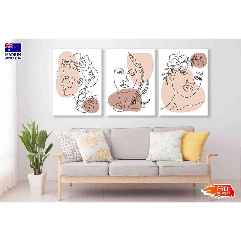 3 Set of Girl Face with Flowers Line Art Illustration High Quality Print 100% Australian Made Wall Canvas Ready to Hang
