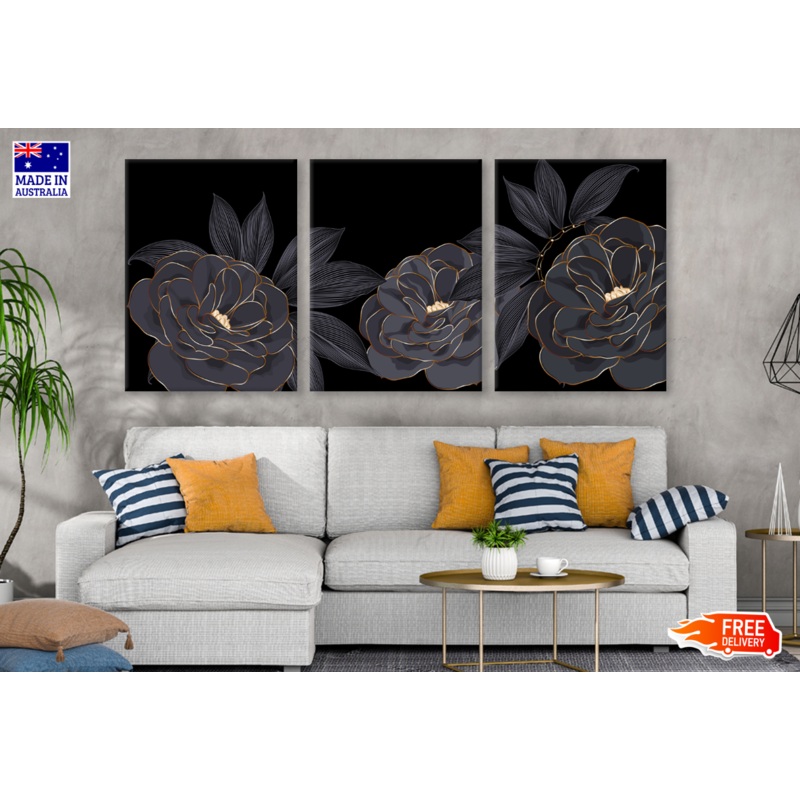 3 Set of Gold & Black Floral Design High Quality print 100% Australian made wall Canvas ready to hang