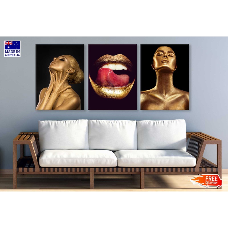 3 Set of Gold Skin Makeup Girl & Lips High Quality Print 100% Australian Made Wall Canvas Ready to Hang