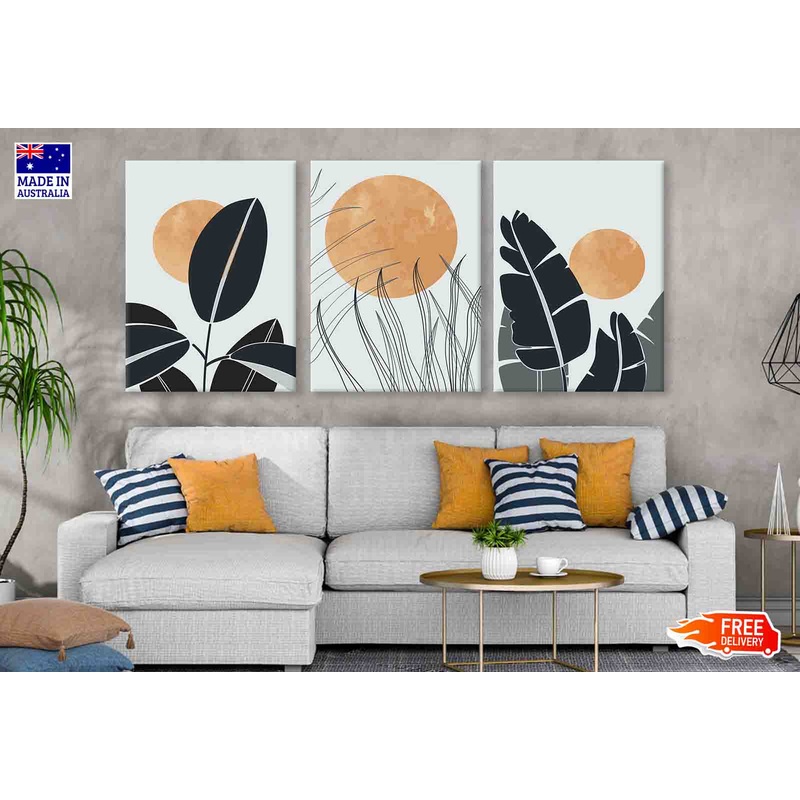3 Set of Leaves & Moon vector Illustration High Quality Print 100% Australian Made Wall Canvas Ready to Hang