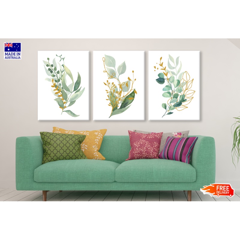 3 Set of Leaves Painting Gold High Quality print 100% Australian made wall Canvas ready to hang