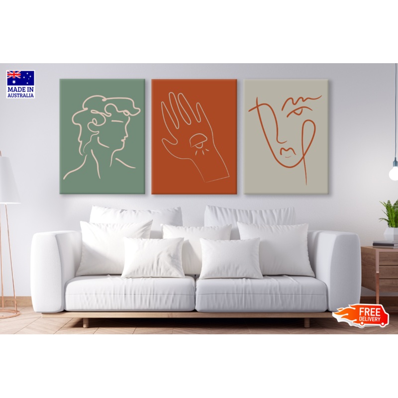 3 Set of Line Art Face Designs High Quality print 100% Australian made wall Canvas ready to hang