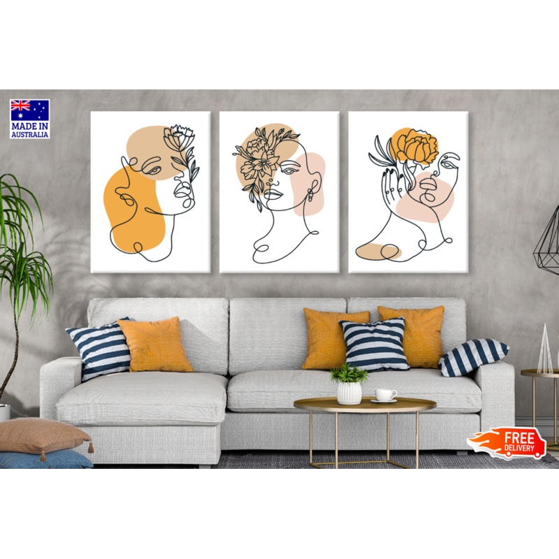 3 Set of Line Art Face Portraits High Quality print 100% Australian made wall Canvas ready to hang