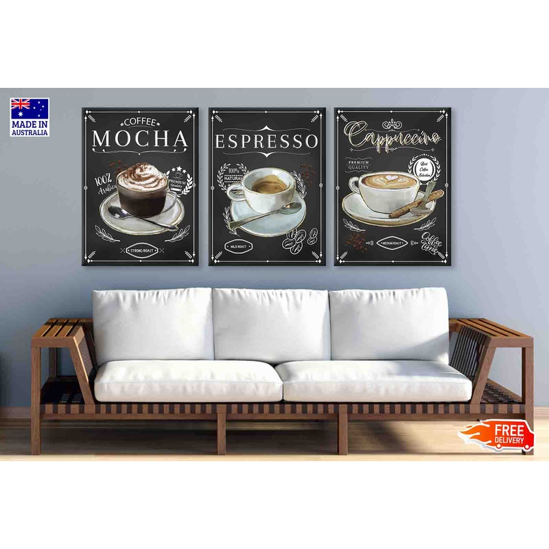 3 Set of Mocha Espresso & Cappuccino Vector High Quality Print 100% Australian Made Wall Canvas Ready to Hang