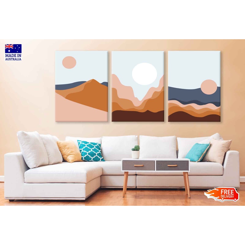 3 Set of Mountain with Sun Vector Illustration High Quality Print 100% Australian Made Wall Canvas Ready to Hang