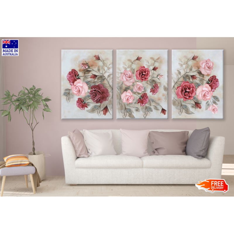 3 Set of Pink Red Floral Art High Quality print 100% Australian made wall Canvas ready to hang