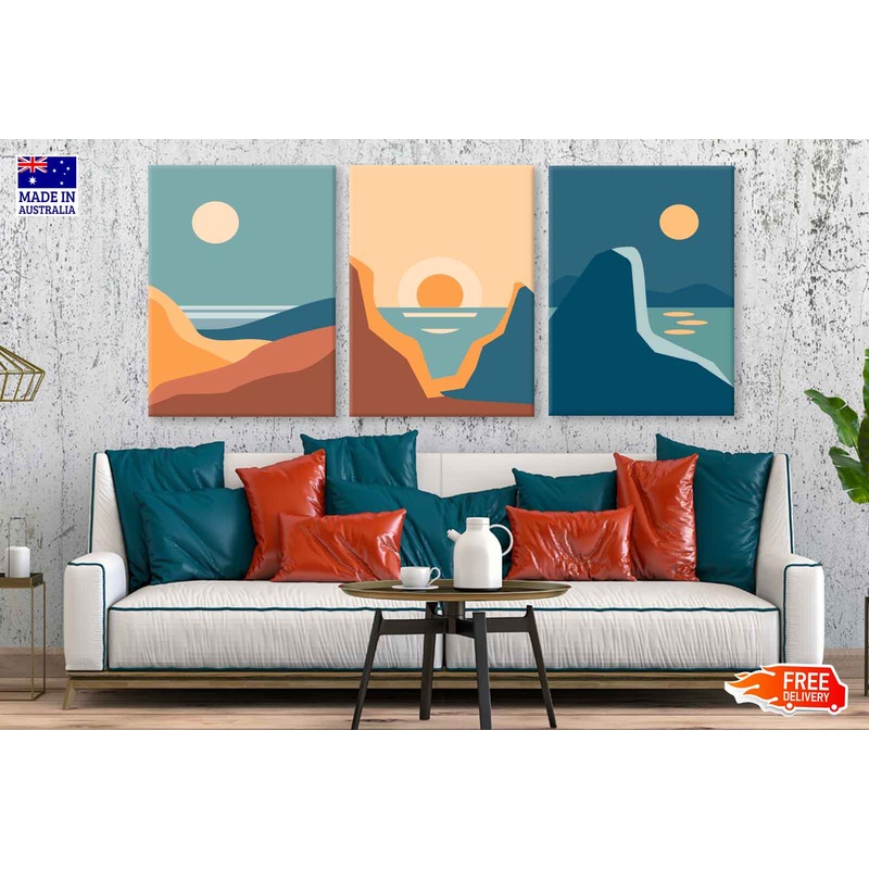 3 Set of Sea Mountain View Vector Illustration High Quality Print 100% Australian Made Wall Canvas Ready to Hang