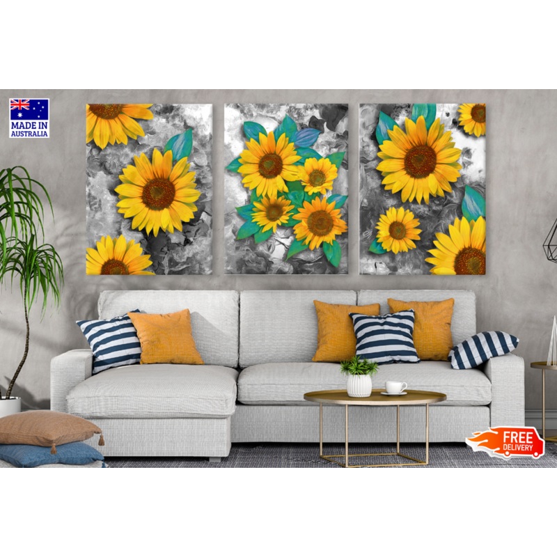 3 Set of Sun Flowers Art High Quality print 100% Australian made wall Canvas ready to hang