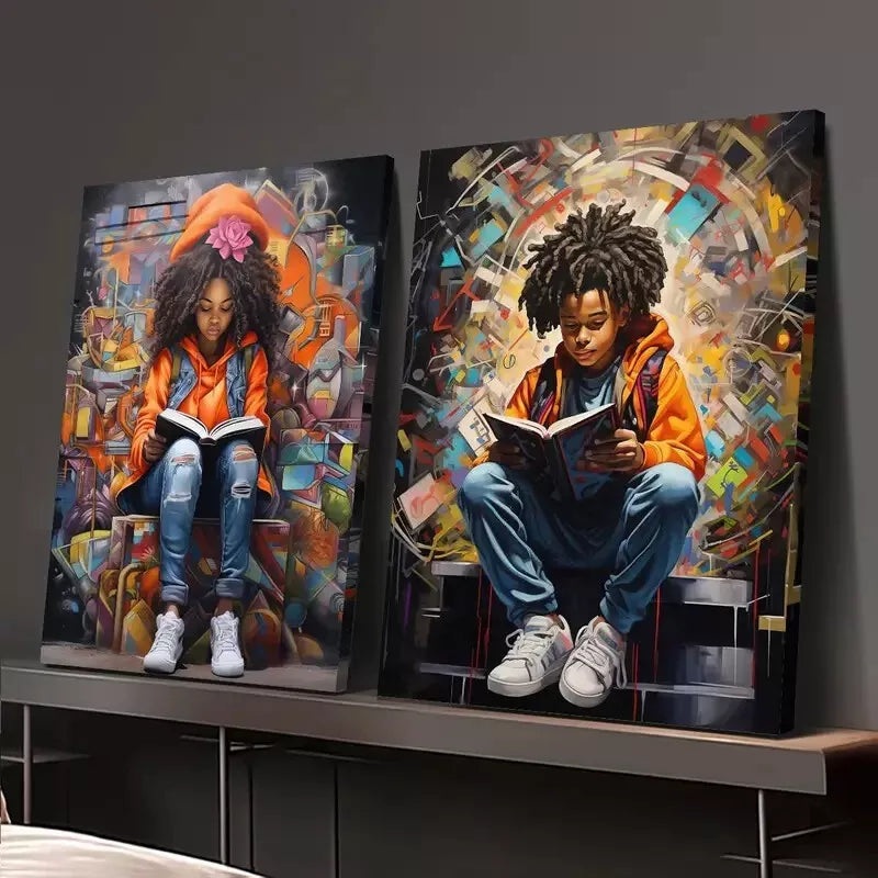 2pcs African Children Book Theme Painting Framed 50x75cm - High Quality Print 100% Australian Made Wall Canvas Ready to Hang