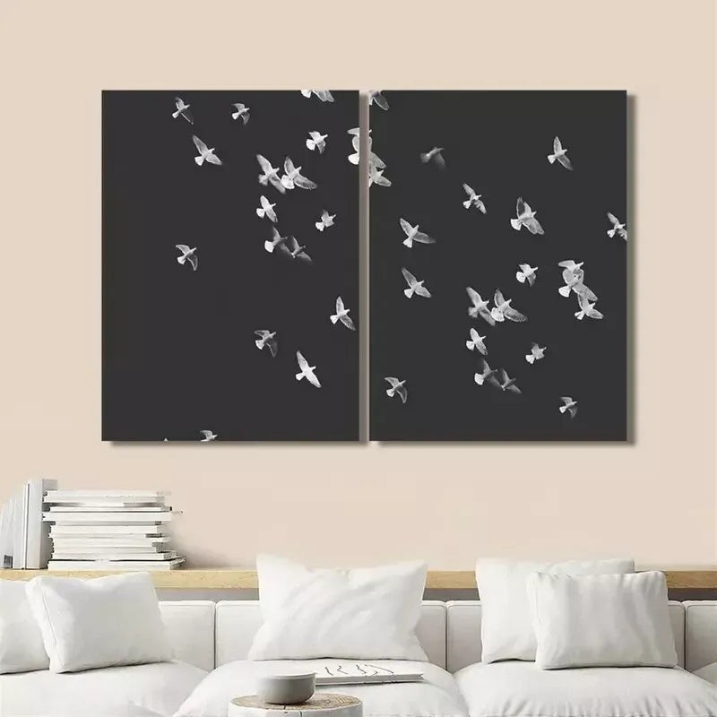 2pcs Black and White Minimalist Flying Bird, Birds Illustration Canvas Framed 50x75cm - High Quality Print 100% Australian Made Wall Canvas Ready to Hang