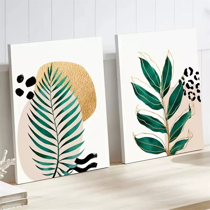 2pcs Botanical Bliss Tropical Green Pink & Gold Leaves - Framed 50x75cm - High Quality Print 100% Australian Made Wall Canvas Ready to Hang
