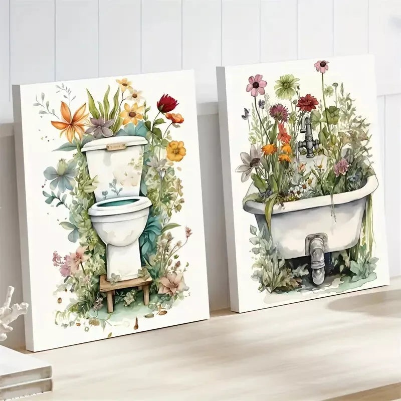 2pcs Floral Bathroom Floral Botanical Wildflower Framed 50x75cm - High Quality Print 100% Australian Made Wall Canvas Ready to Hang