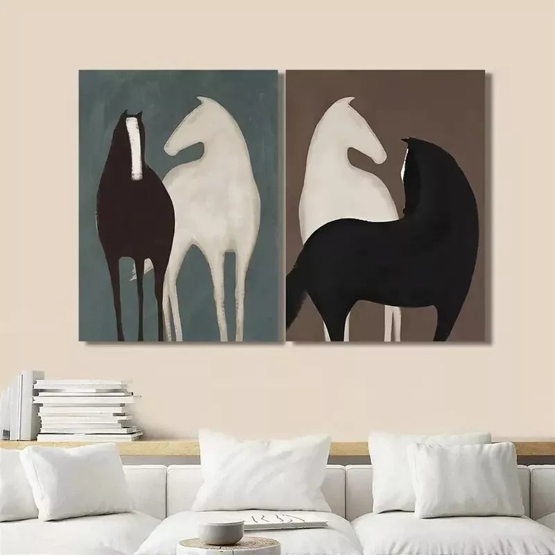 2pcs Modern Abstract Horse Duo Black & White with Teal Accents Canvas Framed 50x75cm - High Quality Print 100% Australian Made Wall Canvas Ready to Hang