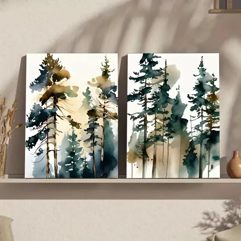 2pcs Pine Trees Misty Forest Oil Paintings Framed 50x75cm - High Quality Print 100% Australian Made Wall Canvas Ready to Hang