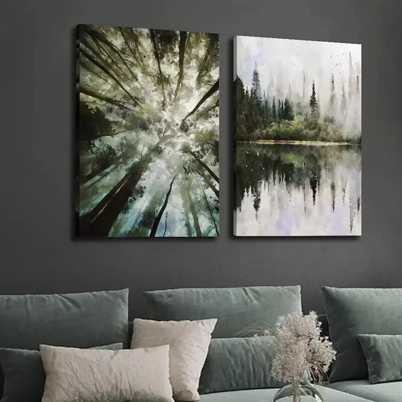 2pcs Sage Green Art, Vintage Forest Mountain Mural Framed 50x75cm - High Quality Print 100% Australian Made Wall Canvas Ready to Hang