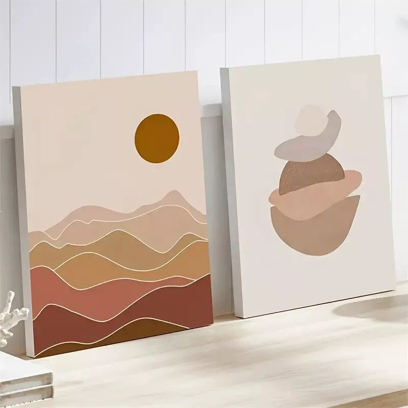 2pcs Set Beige Abstract Geometric Scenery  - Framed 50x75cm - High Quality Print 100% Australian Made Wall Canvas Ready to Hang