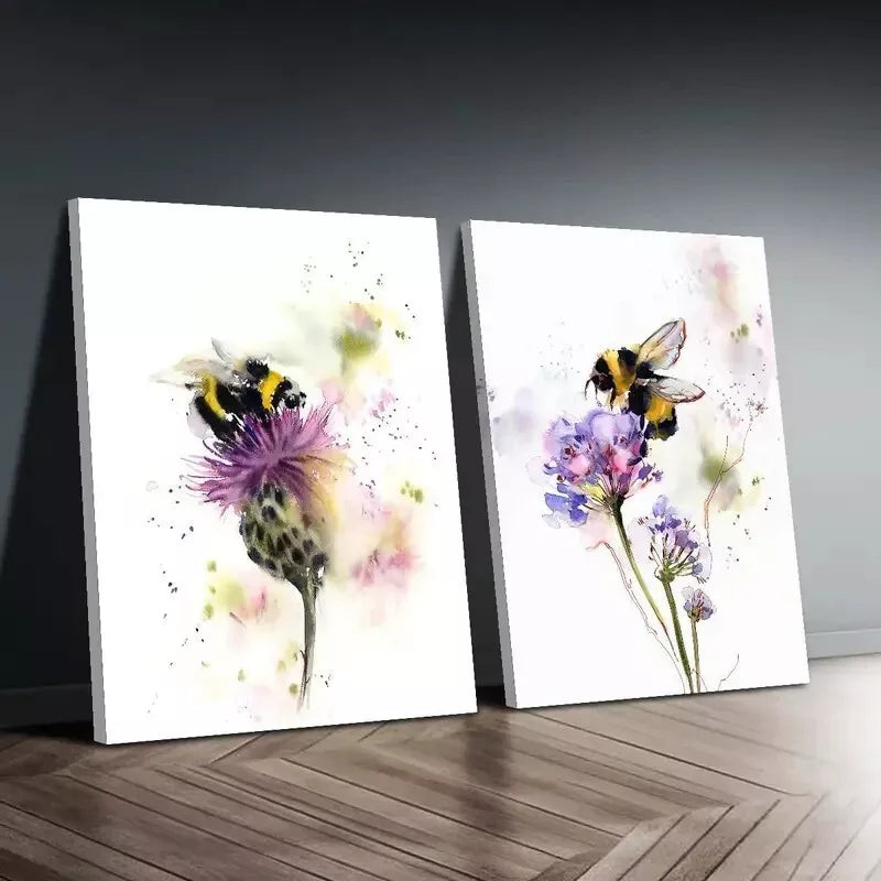 2pcs Set, Bumblebee on Wildflowers Framed 50x75cm - High Quality Print 100% Australian Made Wall Canvas Ready to Hang
