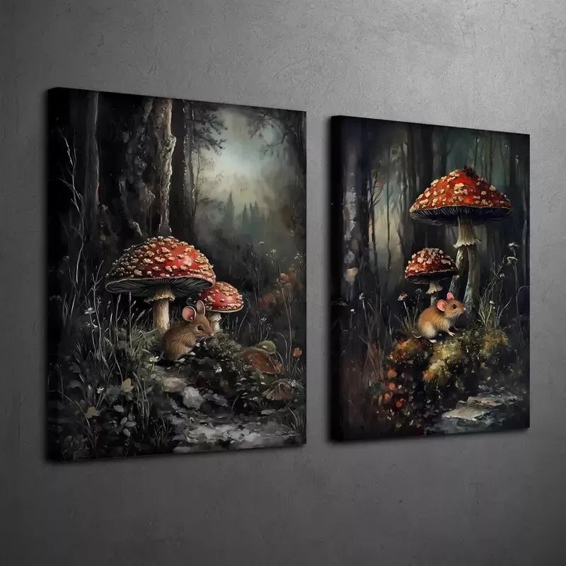 2pcs Set Enchanted Forest Mural Mushrooms & Floral Rat Framed 50x75cm - High Quality Print 100% Australian Made Wall Canvas Ready to Hang