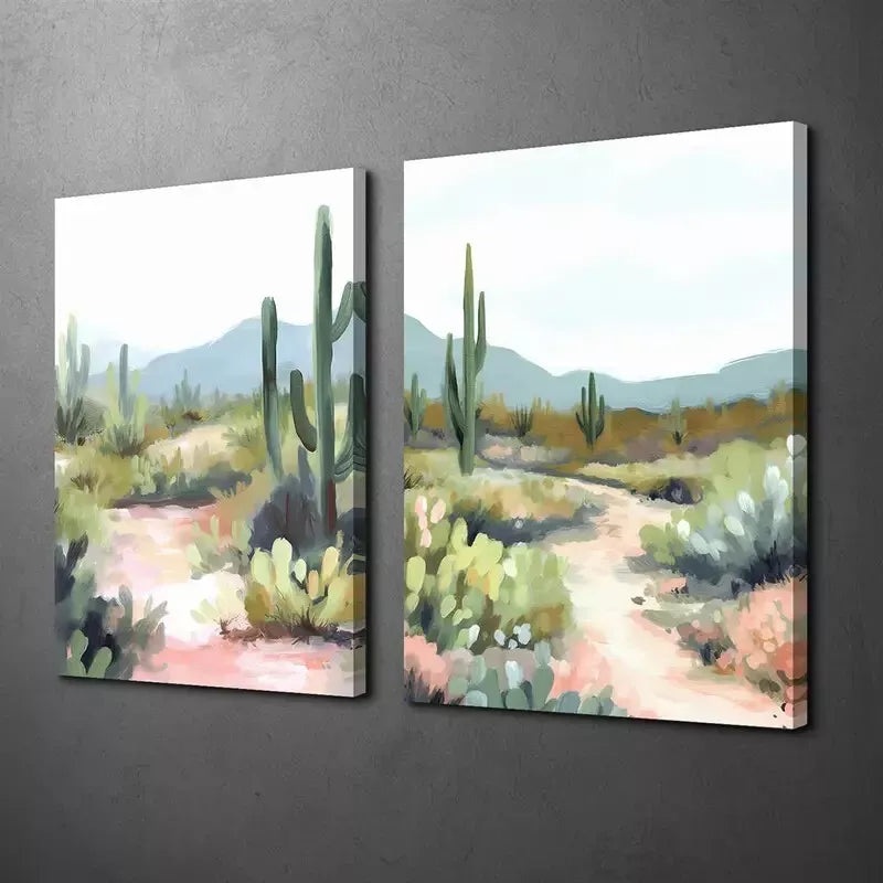 2pcs Southwestern Green Cactus Desert Framed 50x75cm - High Quality Print 100% Australian Made Wall Canvas Ready to Hang