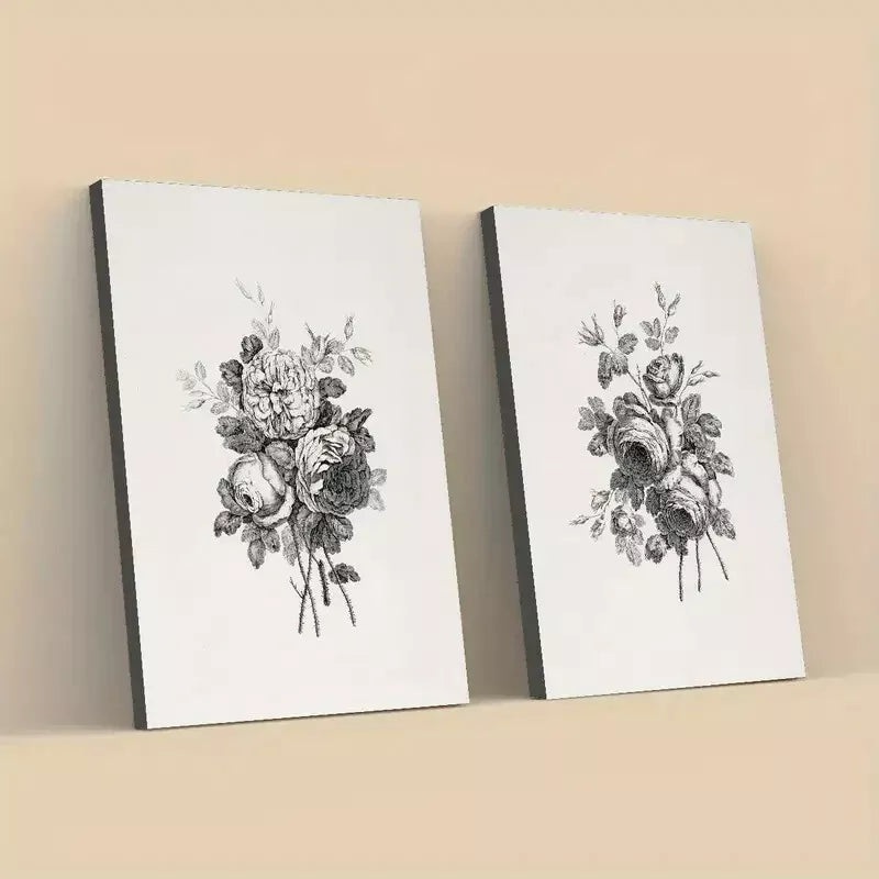 2pcs Vintage Floral Classic Modern Black and White Framed 50x75cm - High Quality Print 100% Australian Made Wall Canvas Ready to Hang