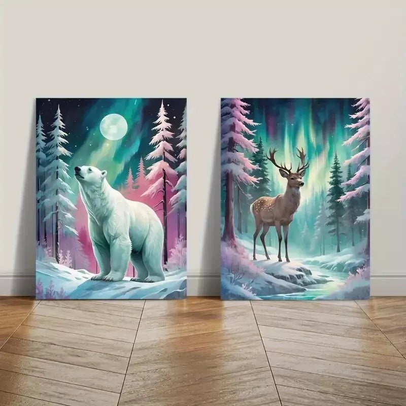 2pcs Wall Art Bear and Deer Under the Northern Lights Framed 50x75cm - High Quality Print 100% Australian Made Wall Canvas Ready to Hang