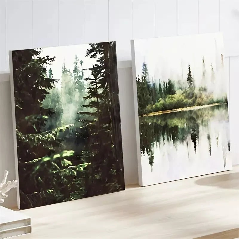 2pcs Watercolor Forest Landscape with Green Foggy Trees - Framed 50x75cm - High Quality Print 100% Australian Made Wall Canvas Ready to Hang