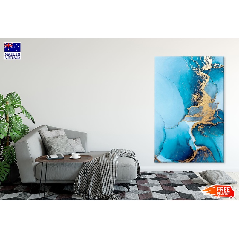 Blue & Gold Marble Texture Abstract Design Print 100% Australian Made