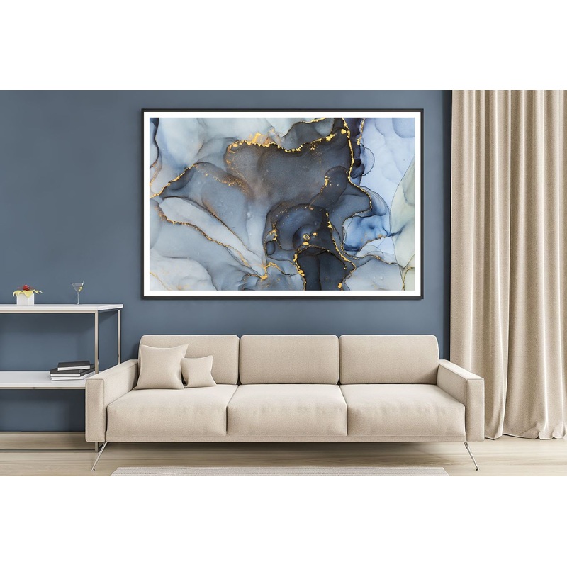 Blue Grey & Gold Fluid Abstract Design Home Decor Premium Quality Poster Print Choose Your Sizes