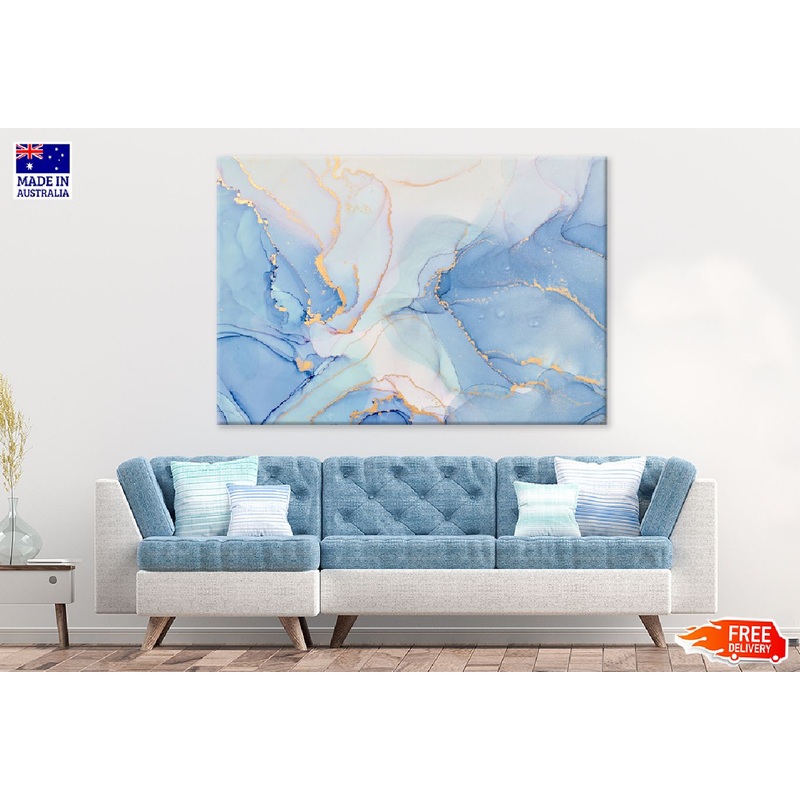 Blue Grey & Gold Fluid Abstract Design Print 100% Australian Made