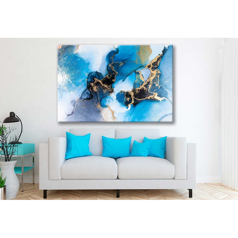 Bella Home Black Blue & Gold Ink Abstract Print Canvas Ready to hang