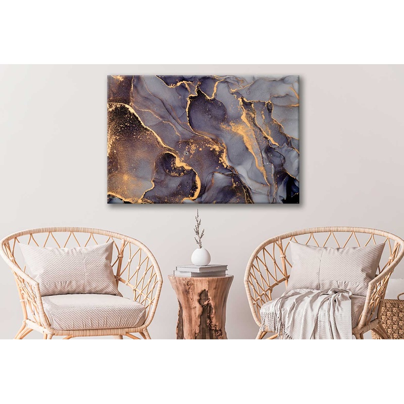 Bella Home Black Grey & Gold Fluid Abstract Print Canvas Ready to hang