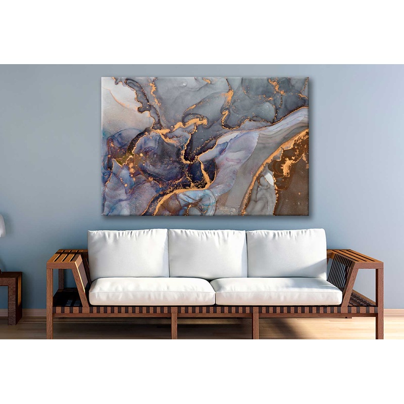 Bella Home Blue Brown & Gold Fluid Abstract Print Canvas Ready to hang