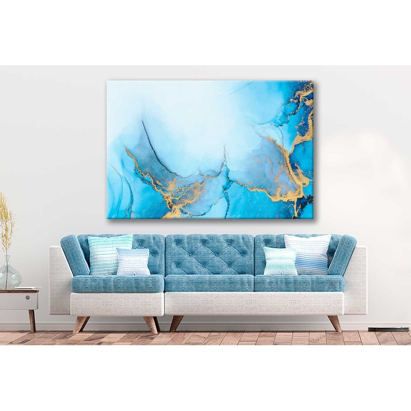 Bella Home Blue & Gold Liquid Abstract Art Print Canvas Ready to hang