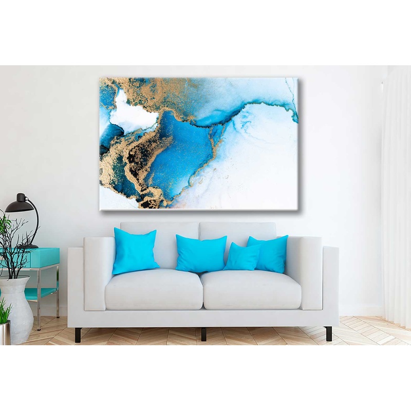 Bella Home Blue & Gold Splash Abstract Art Print Canvas Ready to hang