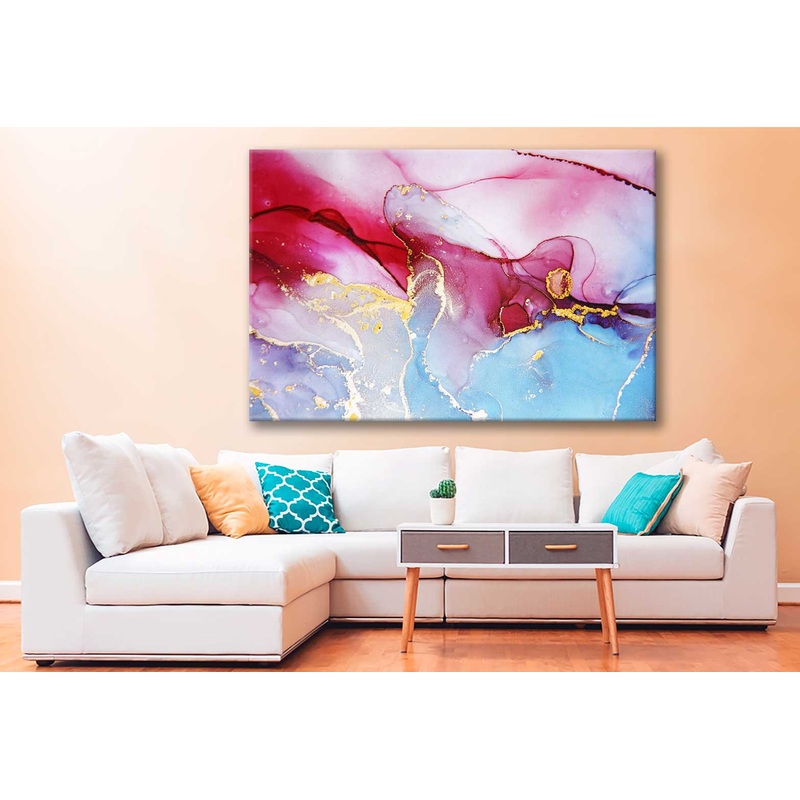 Bella Home Blue Pink & Gold Fluid Abstract Print Canvas Ready to hang