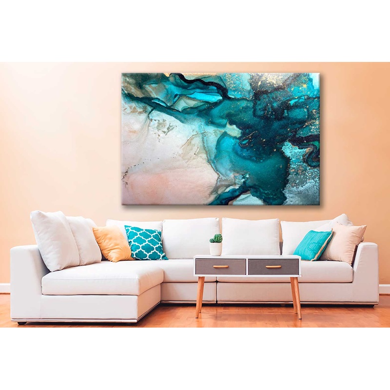 Bella Home Green Blue & Gold Fluid Abstract Print Canvas Ready to hang