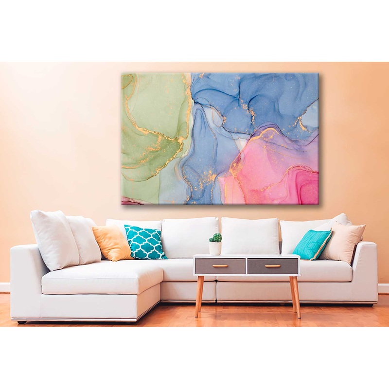 Bella Home Green Blue Pink & Gold Abstract Print Canvas Ready to hang