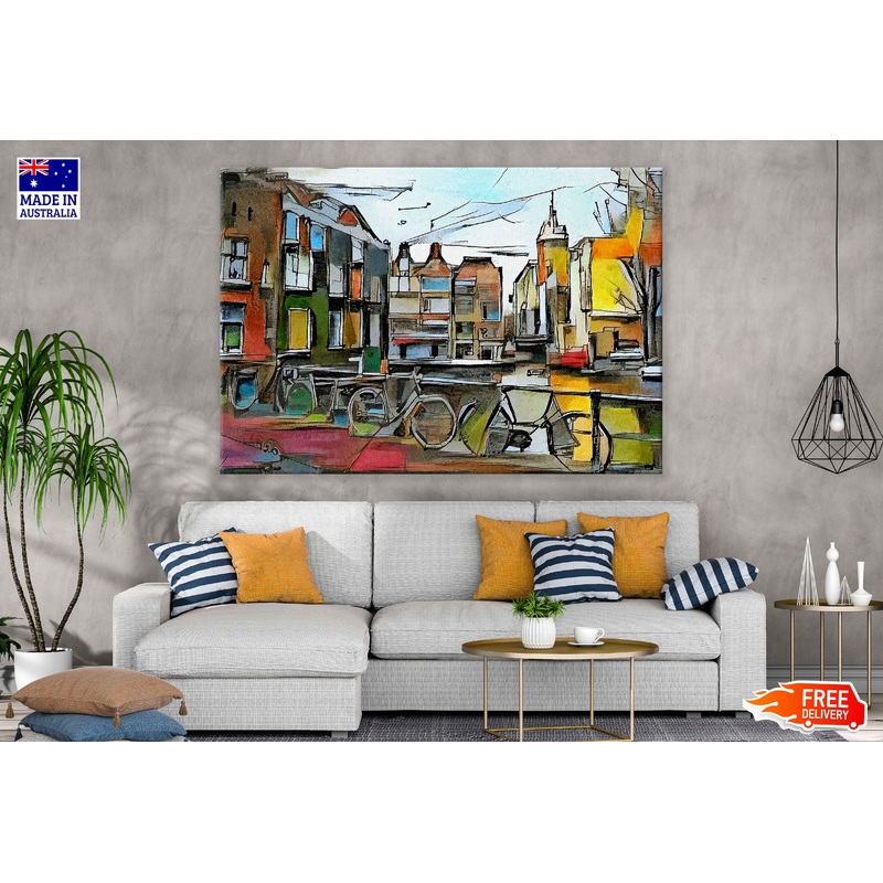 Bicycles Near Building Abstract Painting Print 100% Australian Made