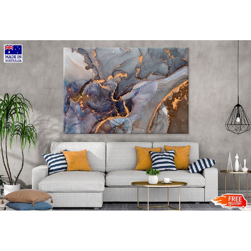 Blue Brown & Gold Fluid Abstract Design Print 100% Australian Made